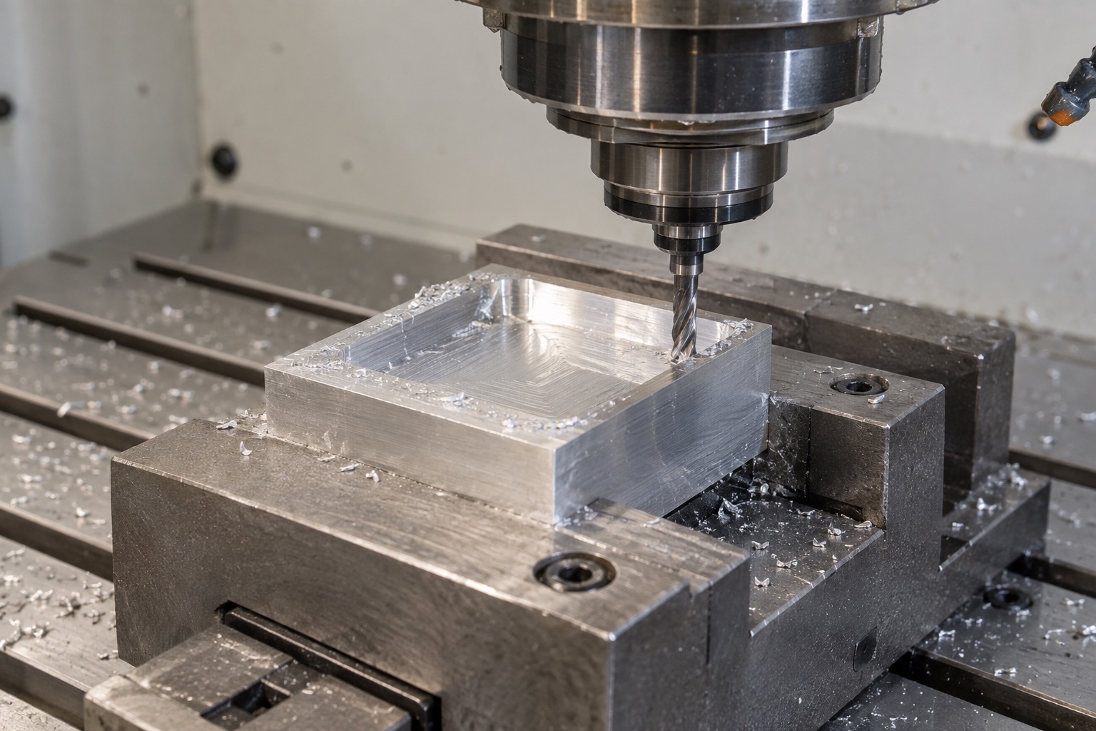 An end mill machining an aluminum workpiece securely held in a vise